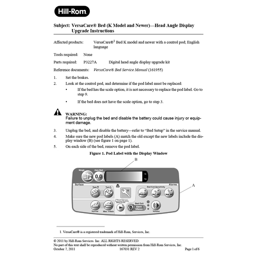 Instruction Sheet,VersaCare Bed Head Ang Disp Upgrade (K+)